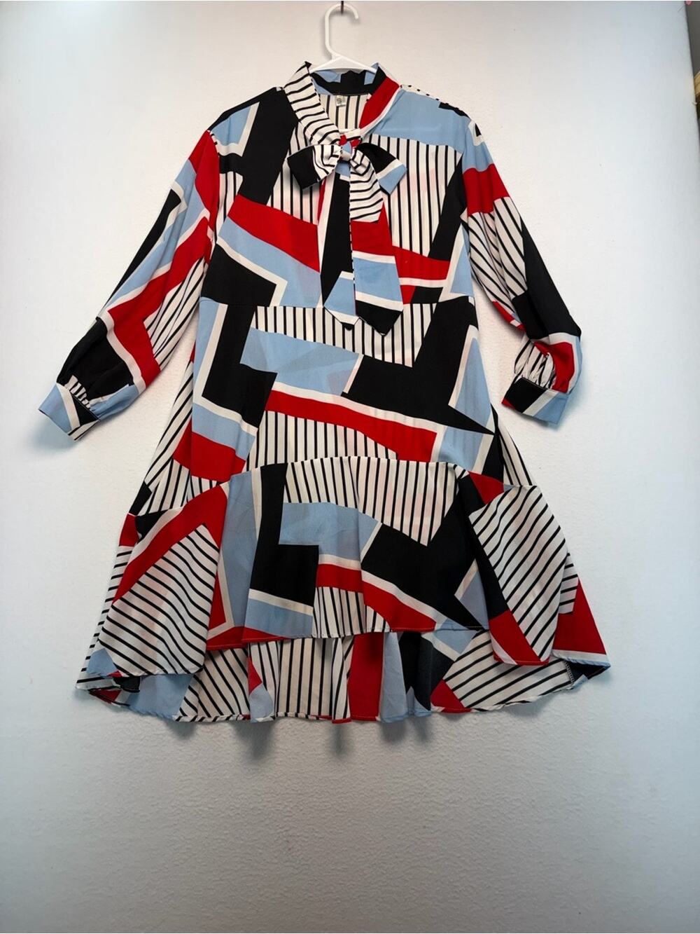 Catrina ruffle High-Low Tie-Neck Geometric Dress in Red, Black & Light Blue